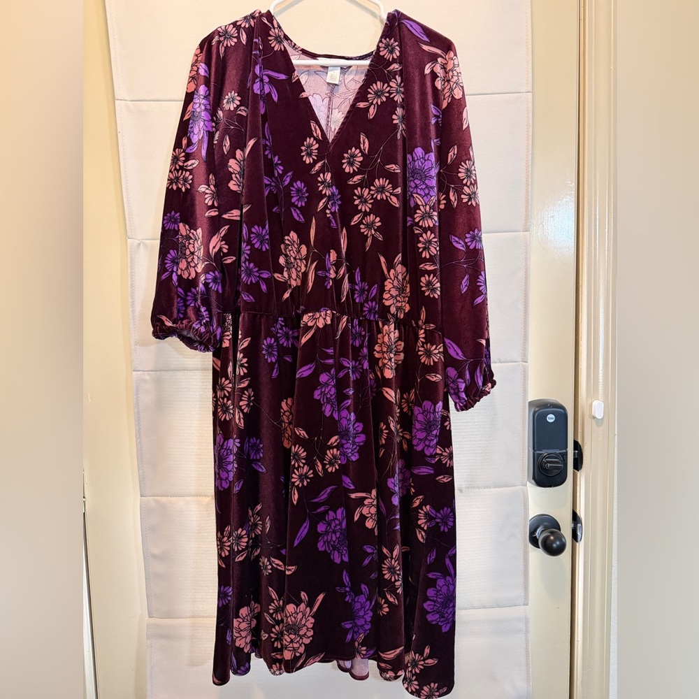 London Times Velvet Feel Moody Floral Bishop Sleeve Midi Dress Plus Size 3X